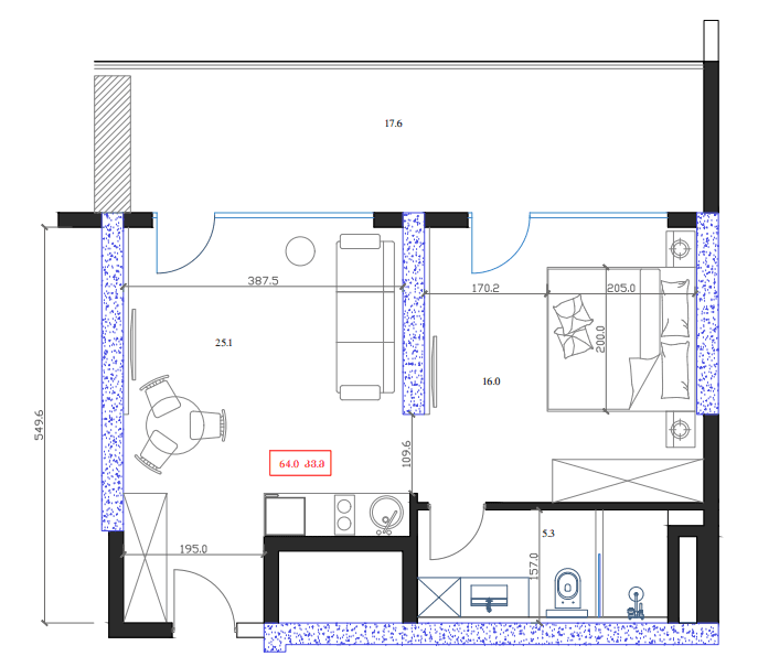 studio, 64 m², 11 floor in "Marina Club"