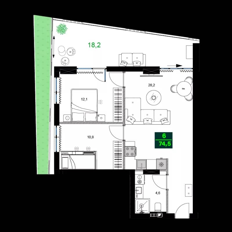 3-комнатная квартира, 74.5 м², 9 этаж в ЖК "SUMMER 365"