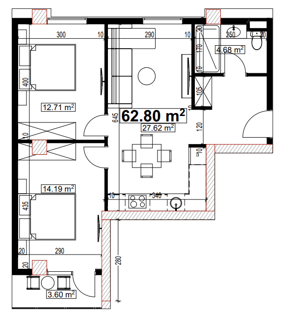 两居室公寓，62.8 m²，6 层，位于“Compact House”