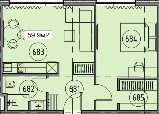 1-bedroom apartment, 59.9 m², 6 floor in "Гранд Ботанико Резиденс"