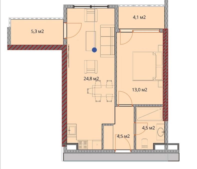 1-комнатная квартира, 58 м², 3 этаж в ЖК "OKTO Art House"