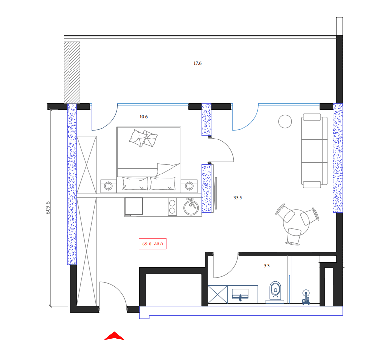 1-комнатная квартира, 69 м², 9 этаж в ЖК "Marina Club"