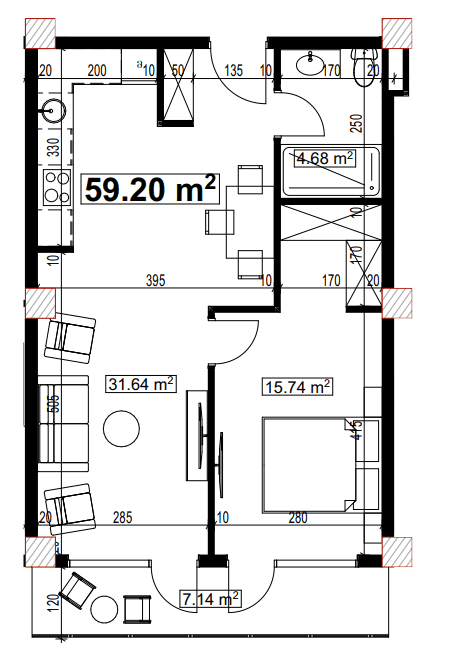 1-комнатная квартира, 59.2 м², 4 этаж в ЖК "Compact House"