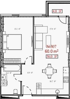 1-комнатная квартира, 60 м², 9 этаж в ЖК "Serenade"