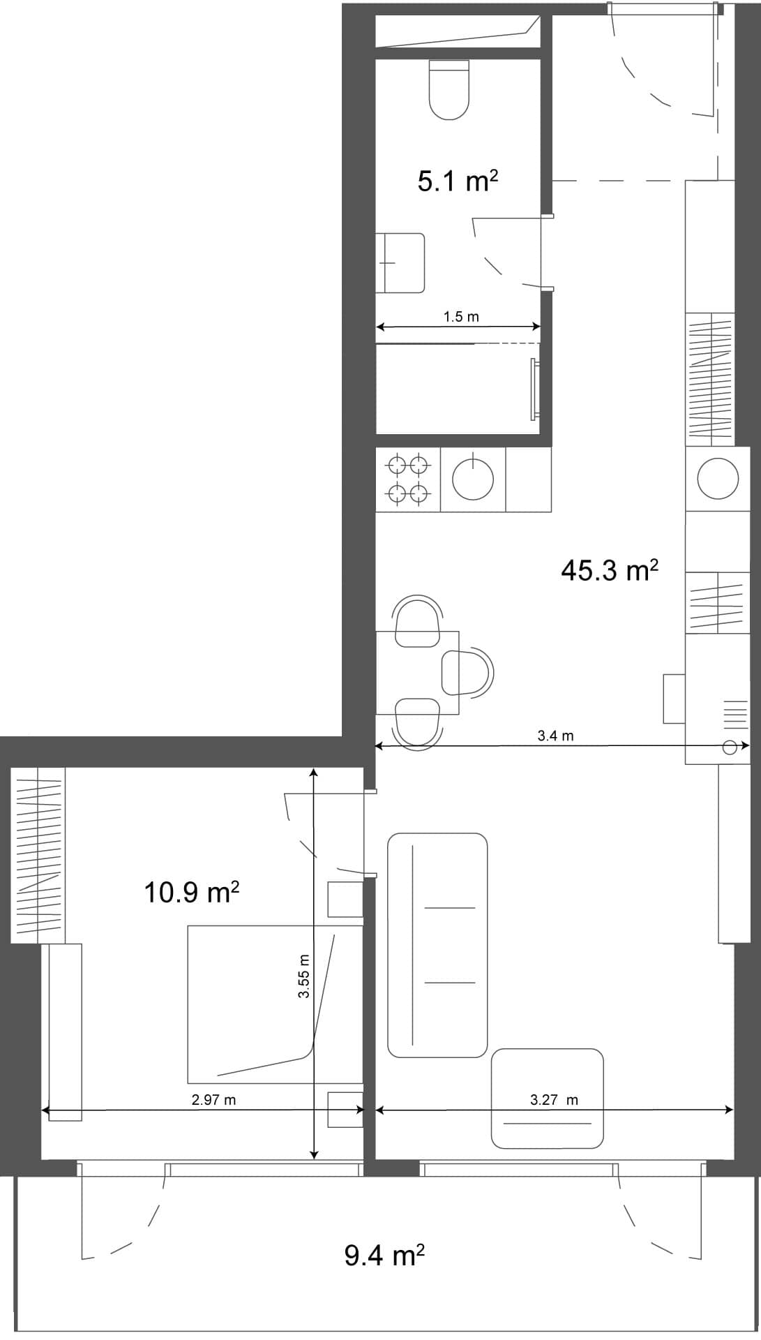 1-комнатная квартира, 54.7 м², 37 этаж в ЖК "Ramada Residences"