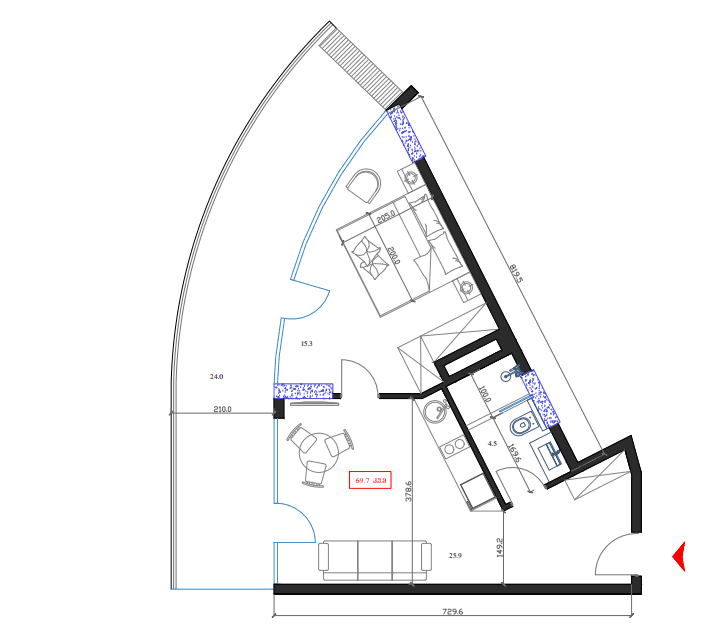 1-bedroom apartment, 69.7 m², 15 floor, Marina Club in Batumi