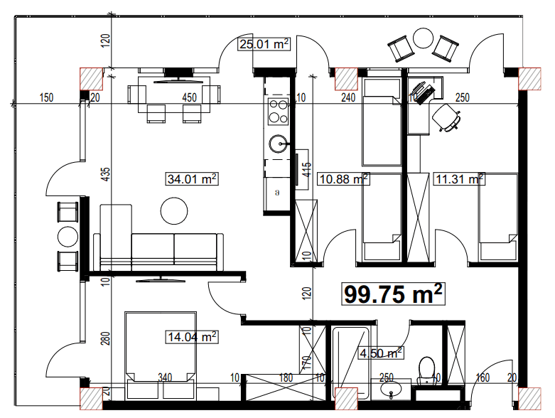 三居室公寓，99.75 m²，4 层，位于“Compact House”