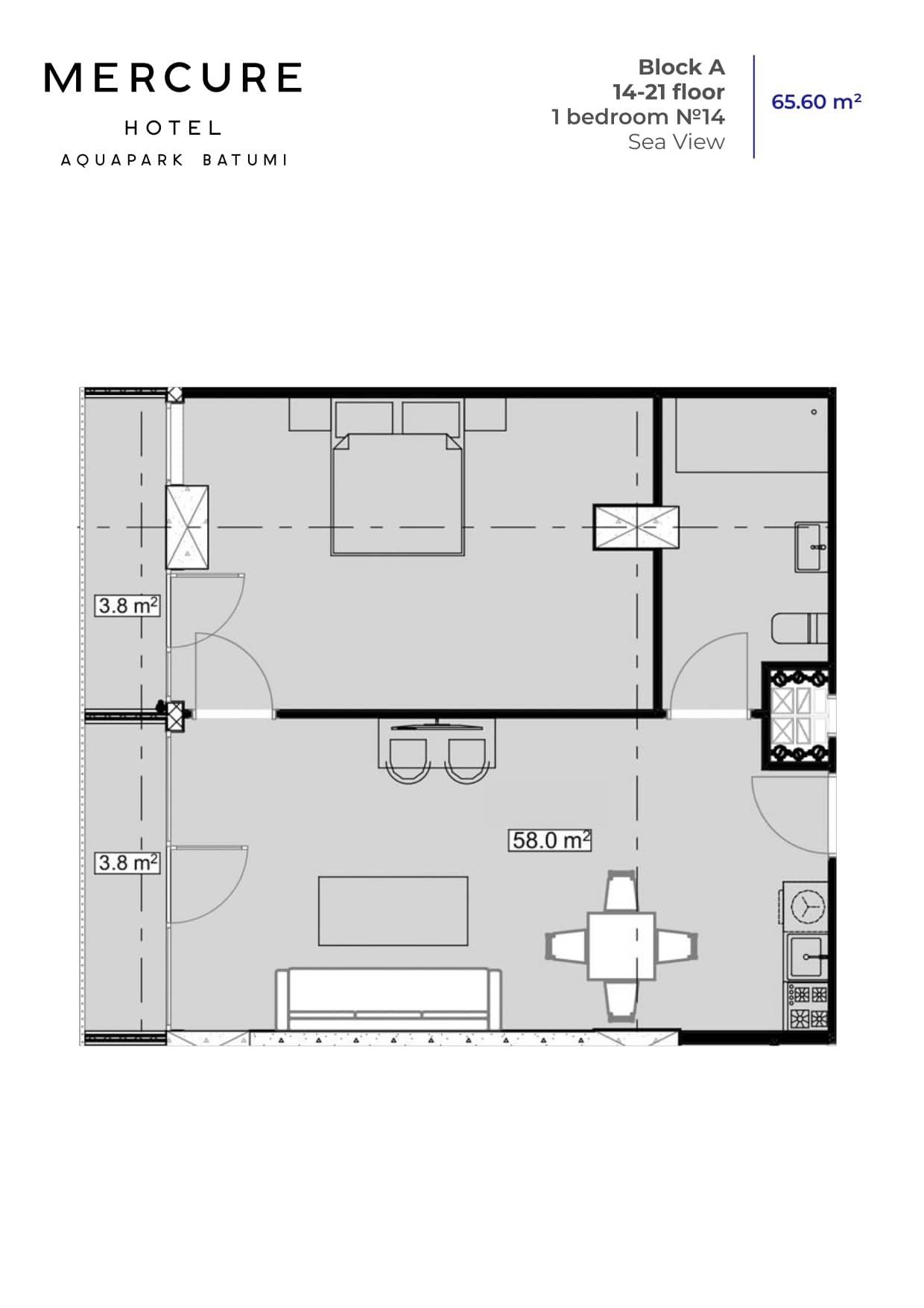 一居室公寓，65.6 m²，15 层，位于“Mardi Aquapark Wellness Resort”