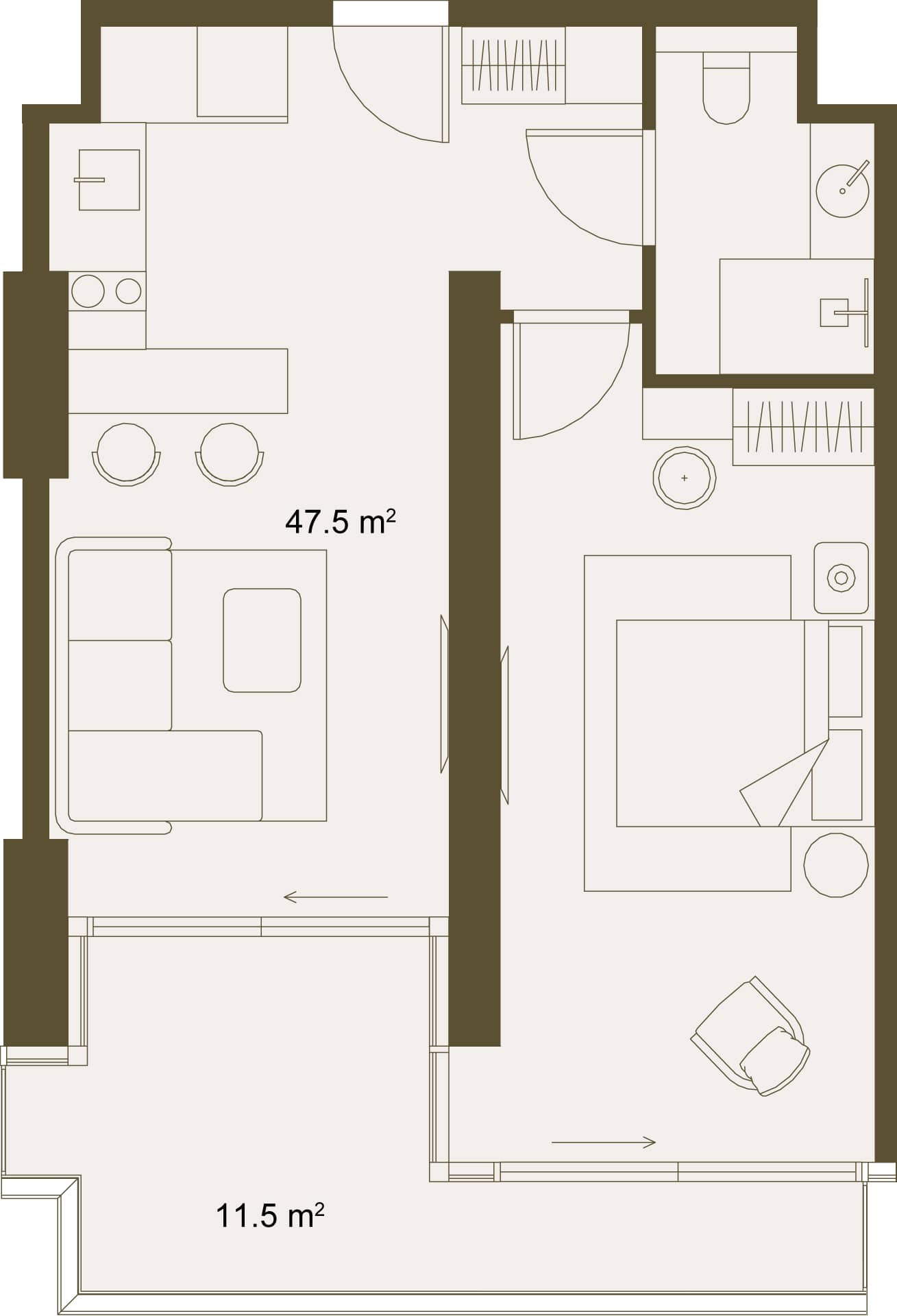 1-ოთახიანი ბინა, 59 მ², სართული 11 -ში "NEXT GARDENS"