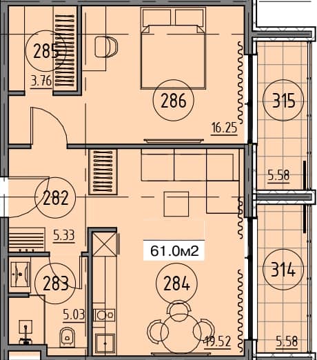 1-bedroom apartment, 61 m², 2 floor in "Гранд Ботанико Резиденс"