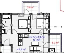 2-bedroom apartment, 59.4 m², 12 floor in "Aquapark Residence"