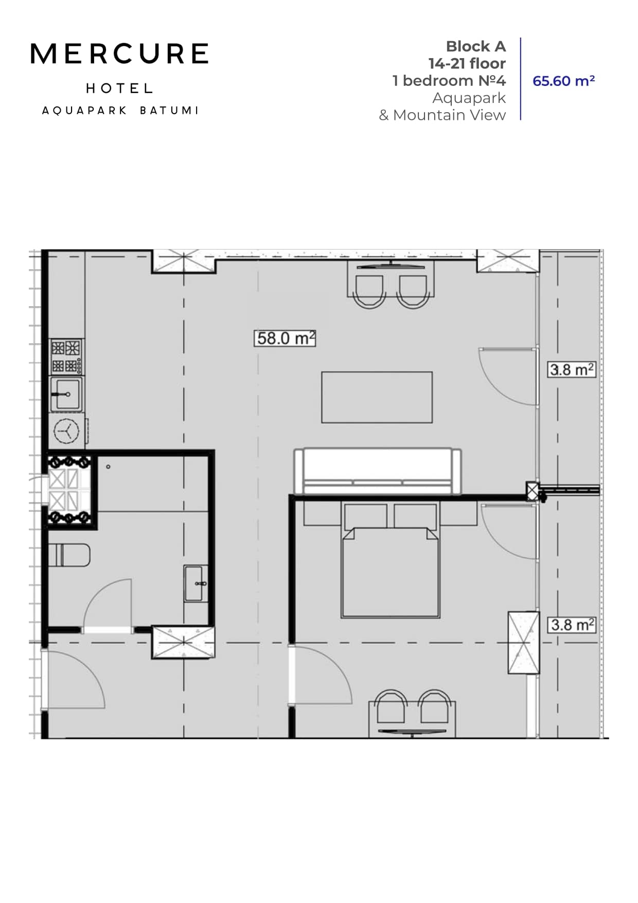 一居室公寓，65.6 m²，18 层，位于“Mardi Aquapark Wellness Resort”