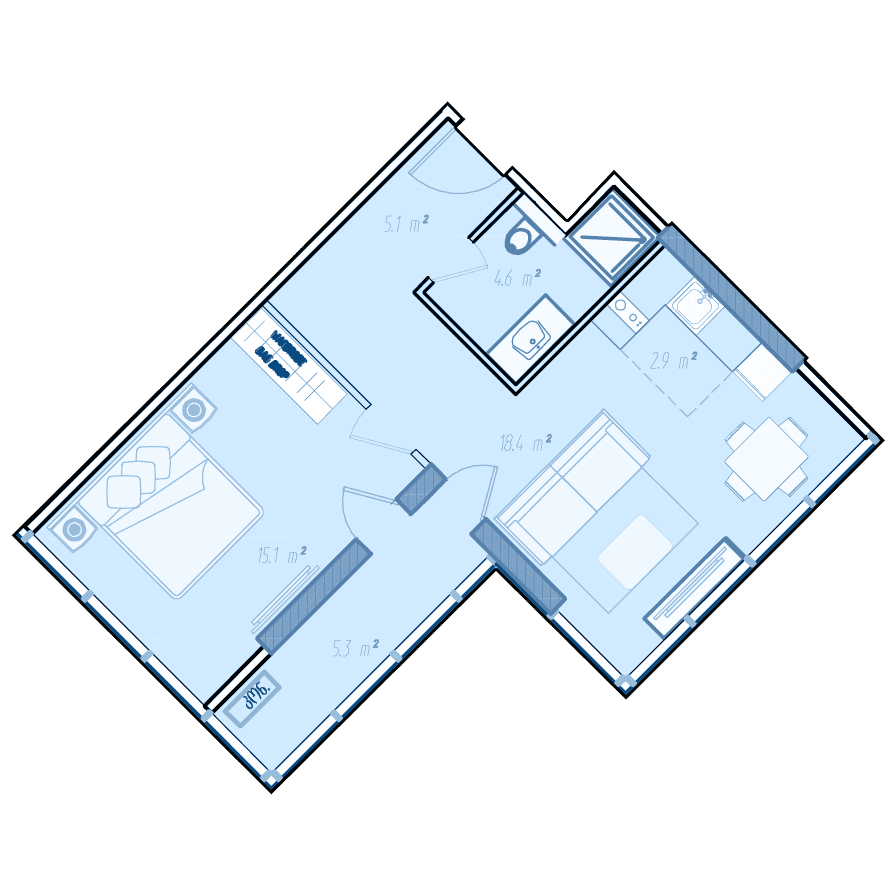 1-комнатная квартира, 53.6 м², 36 этаж в ЖК "BlueSky Tower"