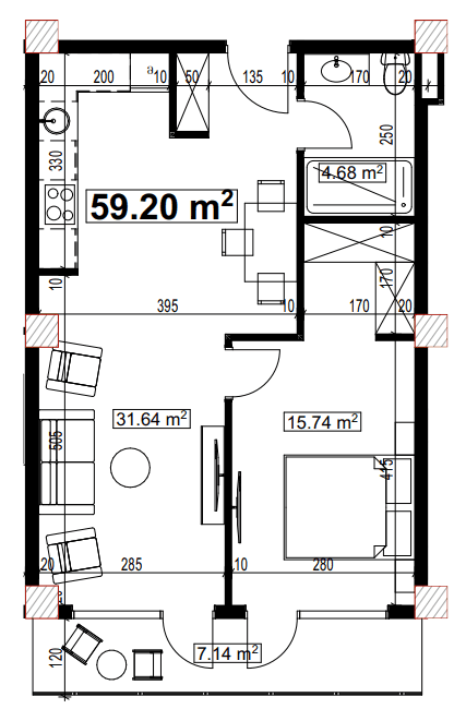 一居室公寓，59.2 m²，5 层，位于“Compact House”