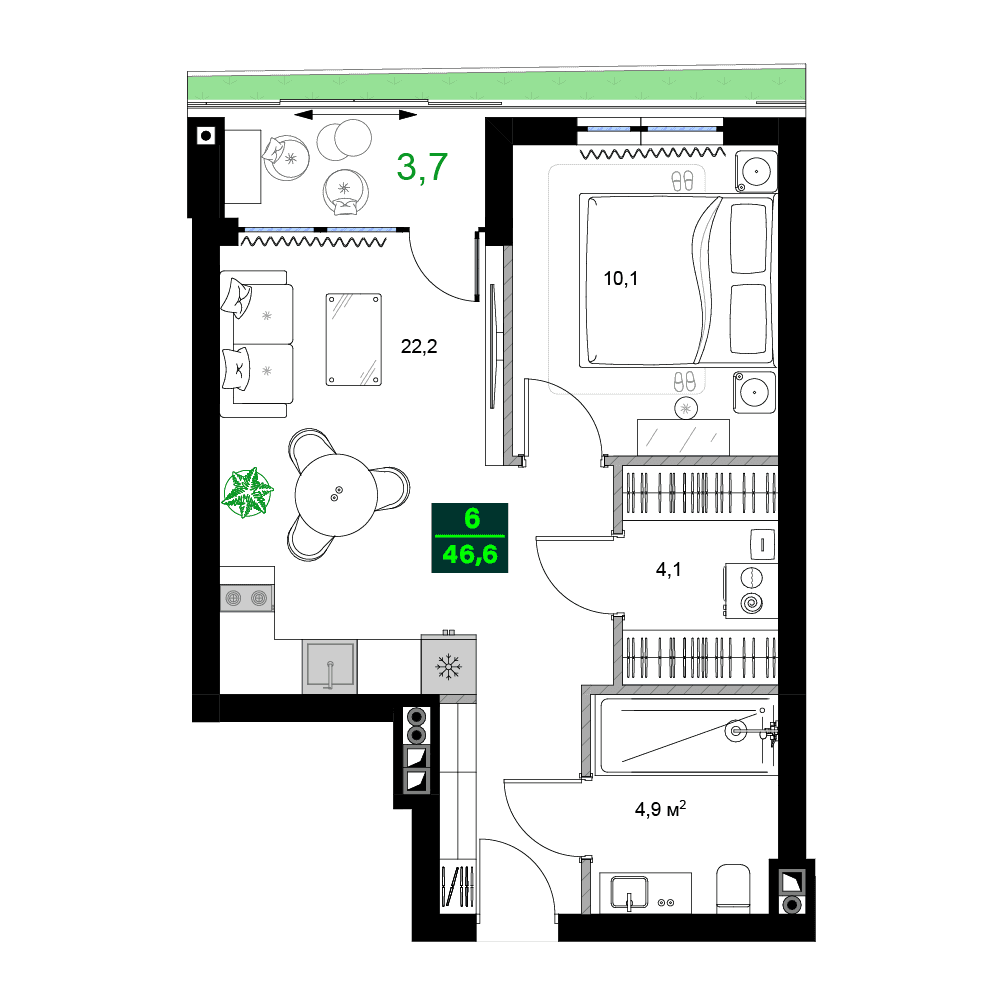 2-комнатная квартира, 46.6 м², 13 этаж в ЖК "SUMMER 365"