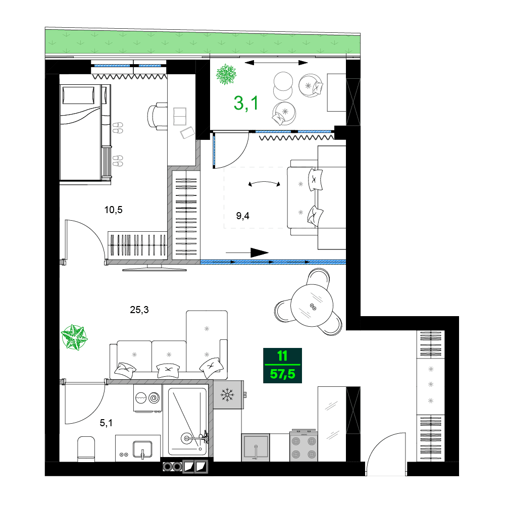 3-комнатная квартира, 57.5 м², 10 этаж в ЖК "SUMMER 365"