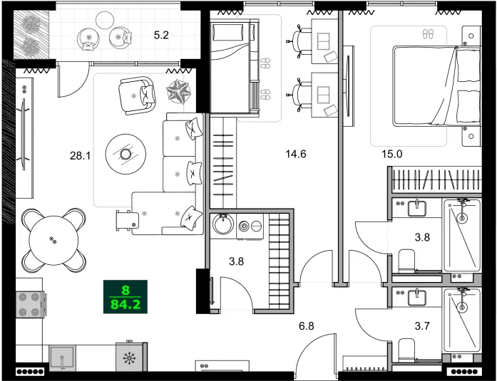 3-bedroom apartment, 84.2 m², 8 floor, SUMMER 365 in Batumi