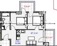 2-комнатная квартира, 59.4 м², 3 этаж в ЖК "Aquapark Residence"
