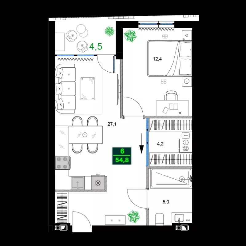 2-комнатная квартира, 54.8 м², 2 этаж в ЖК "SUMMER 365"