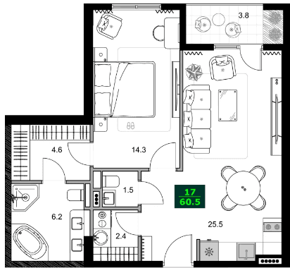 2-комнатная квартира, 60.5 м², 5 этаж в ЖК "SUMMER 365"