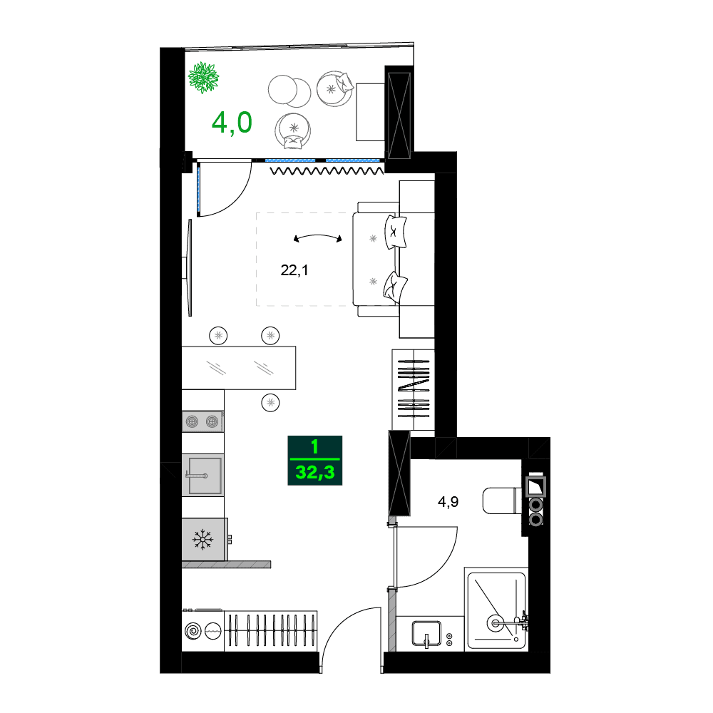 1-ოთახიანი ბინა, 32.3 მ², 2 სართული "SUMMER 365"-ში