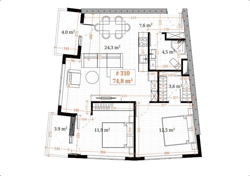 3-bedroom apartment, 74.8 m², 9 floor, White Sails in Batumi