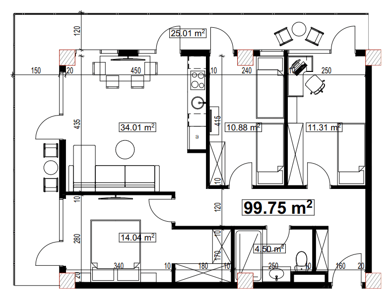 三居室公寓，99.75 m²，5 层，位于“Compact House”
