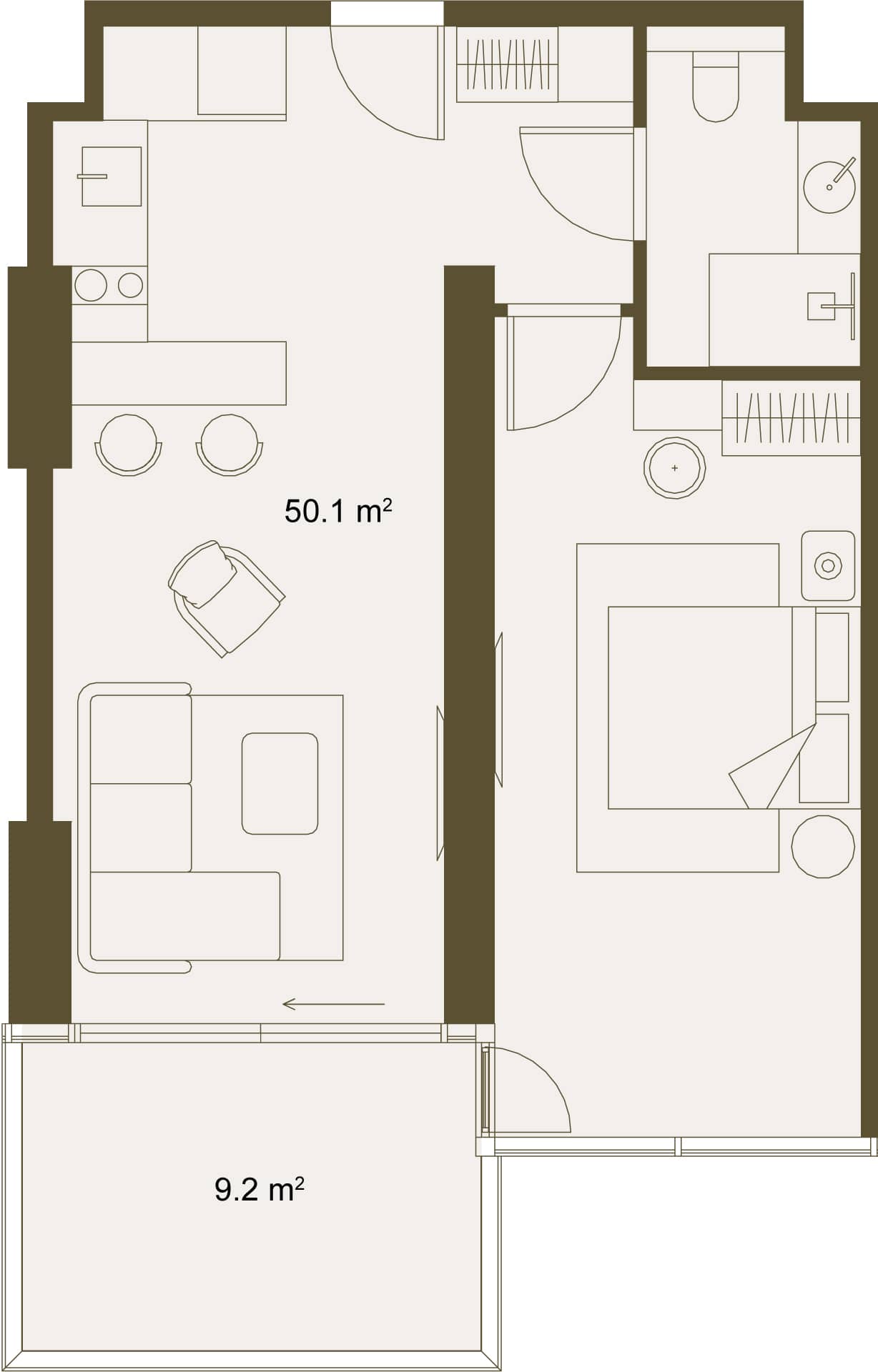 1-ოთახიანი ბინა, 58.9 მ², სართული 9 -ში "NEXT GARDENS"