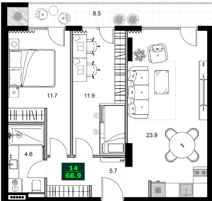 3-комнатная квартира, 68.9 м², 8 этаж в ЖК "SUMMER 365"