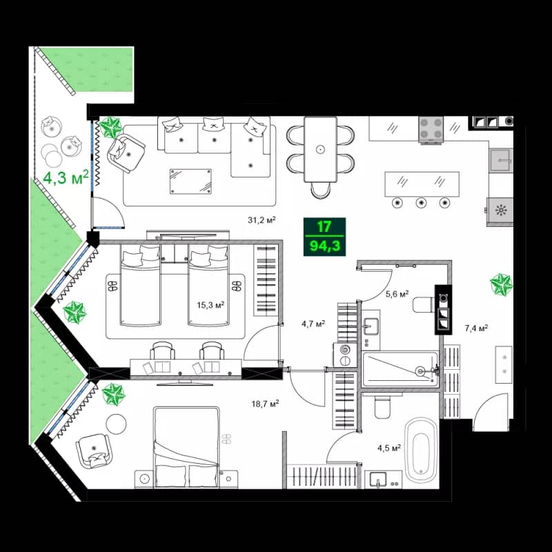 3-bedroom apartment, 94.3 m², 9 floor in "SUMMER 365"