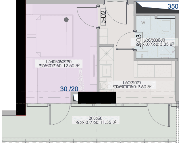 1-bedroom apartment, 36.8 m², 27 floor, Geuz Towers in Batumi