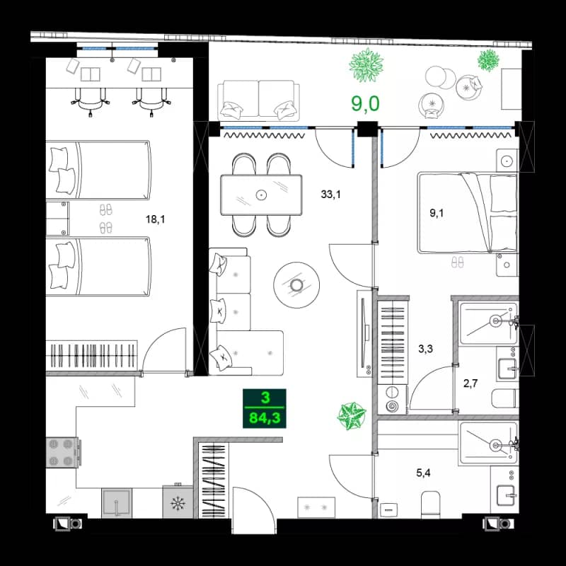 3-комнатная квартира, 84.3 м², 3 этаж в ЖК "SUMMER 365"