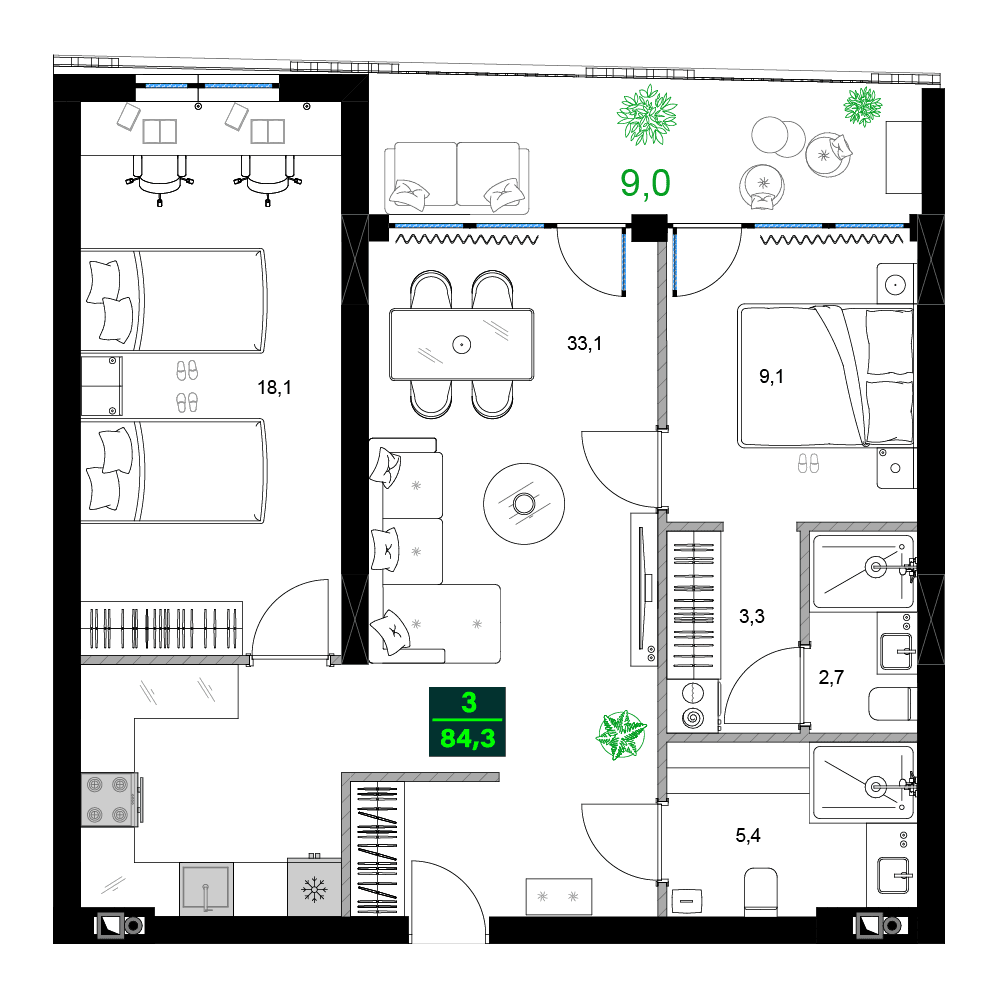 3-bedroom apartment, 84.3 m², 3 floor in "SUMMER 365"