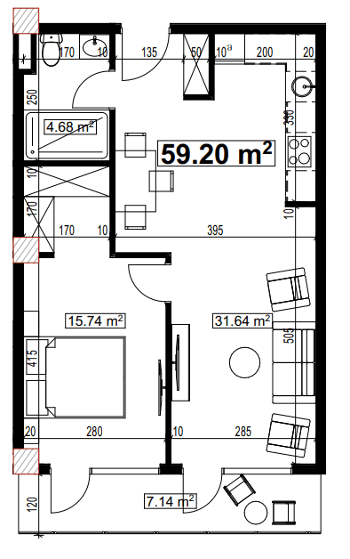 两居室公寓，62.8 m²，4 层，位于“Compact House”