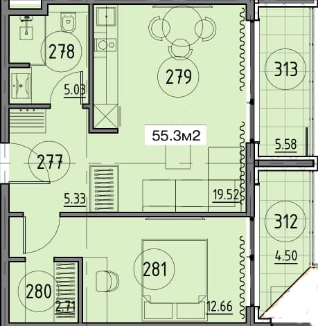 1-комнатная квартира, 55.3 м², 2 этаж в ЖК "Гранд Ботанико Резиденс"