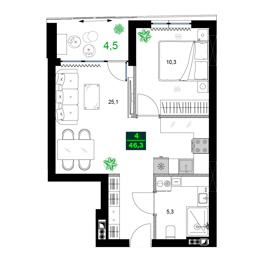 2-комнатная квартира, 46.3 м², 2 этаж в ЖК "SUMMER 365"