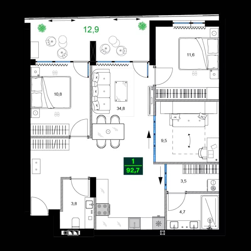 4-комнатная квартира, 92.7 м², 2 этаж в ЖК "SUMMER 365"