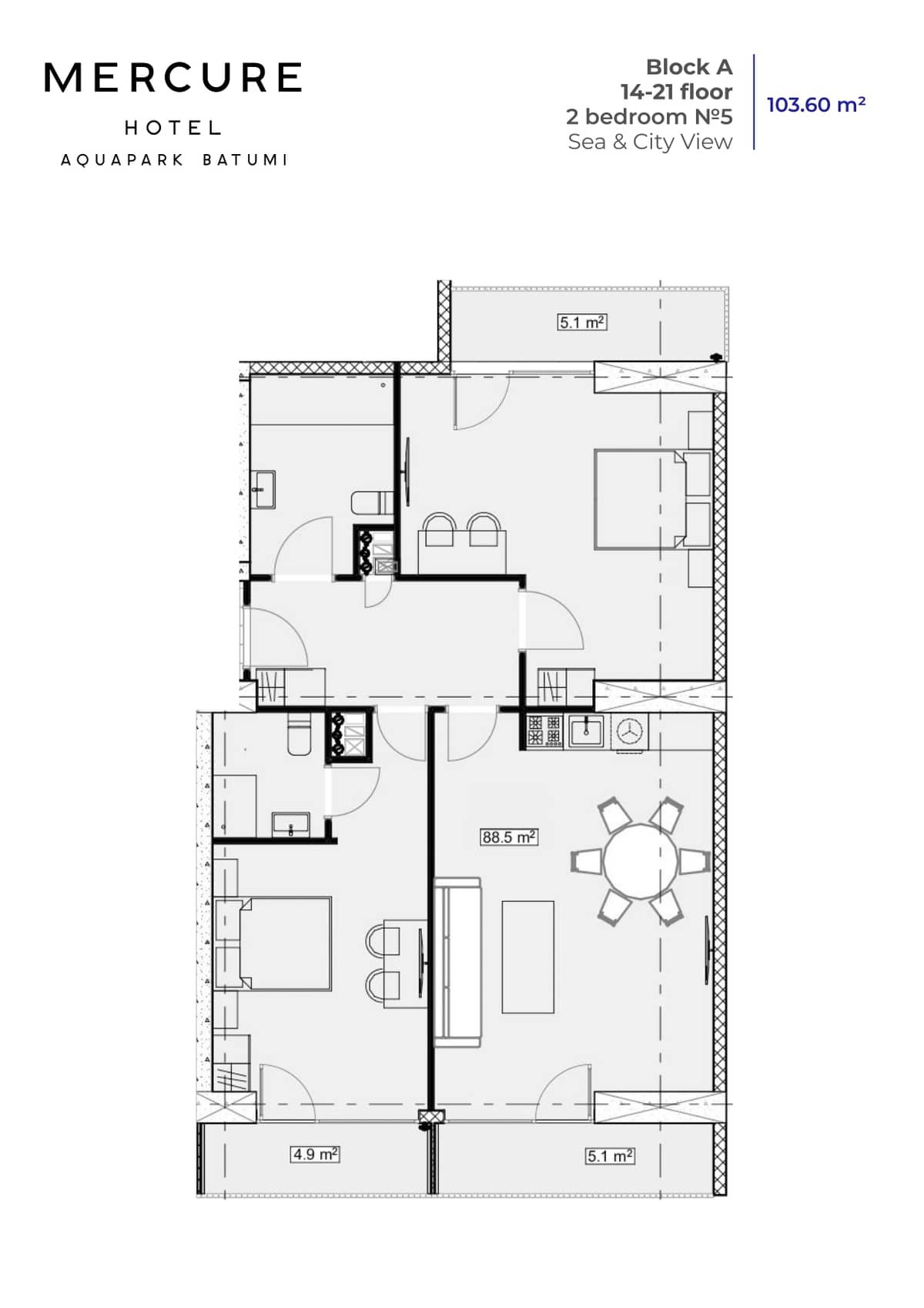 2-bedroom apartment, 103.6 m², 18 floor, Mardi Aquapark Wellness Resort in Batumi