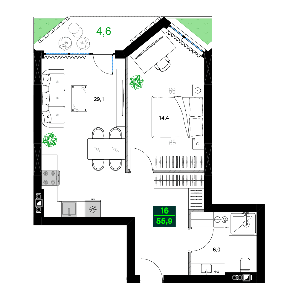 2-комнатная квартира, 55.9 м², 2 этаж в ЖК "SUMMER 365"
