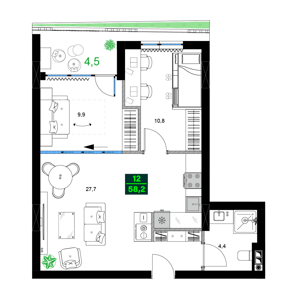 3-комнатная квартира, 58.2 м², 9 этаж в ЖК "SUMMER 365"