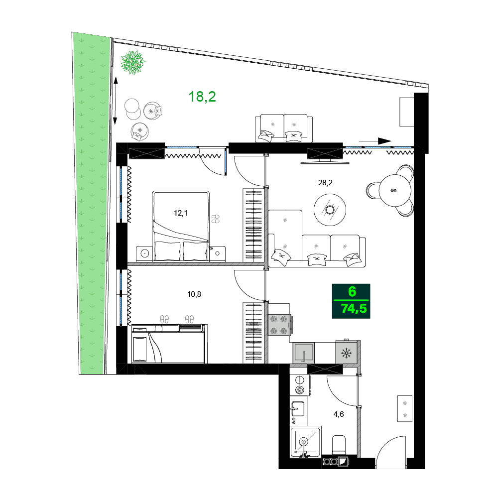 3-ოთახიანი ბინა, 74.5 მ², 9 სართული "SUMMER 365"-ში