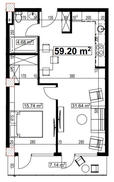 一居室公寓，59.2 m²，6 层，位于“Compact House”