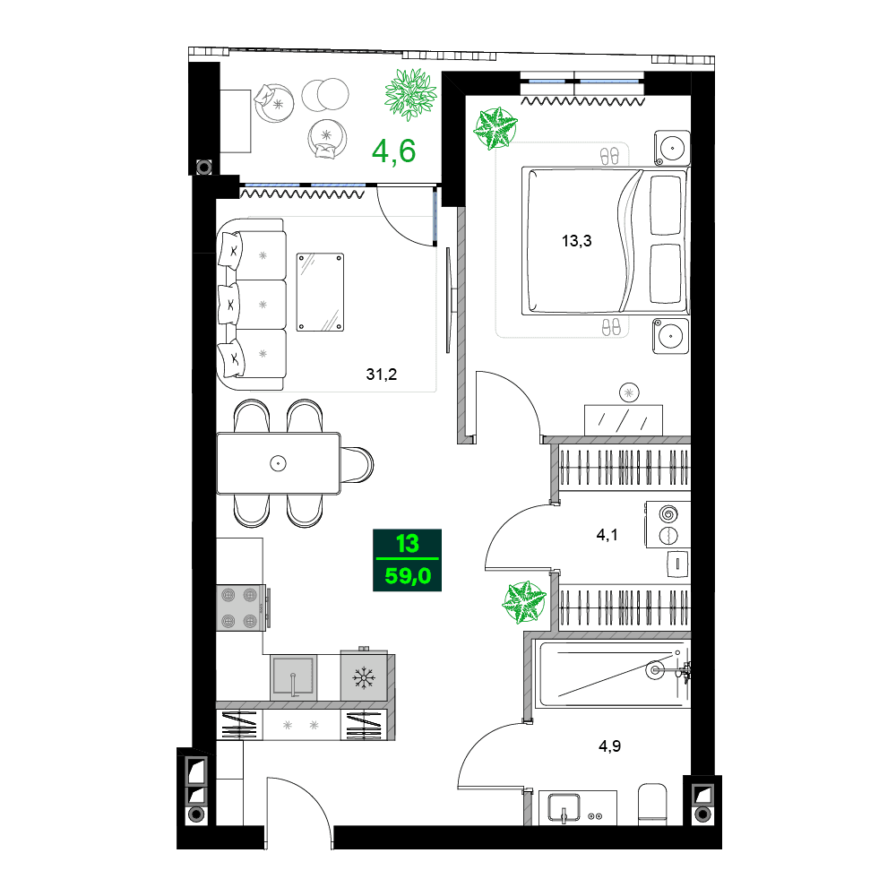 2-ოთახიანი ბინა, 59 მ², 11 სართული "SUMMER 365"-ში