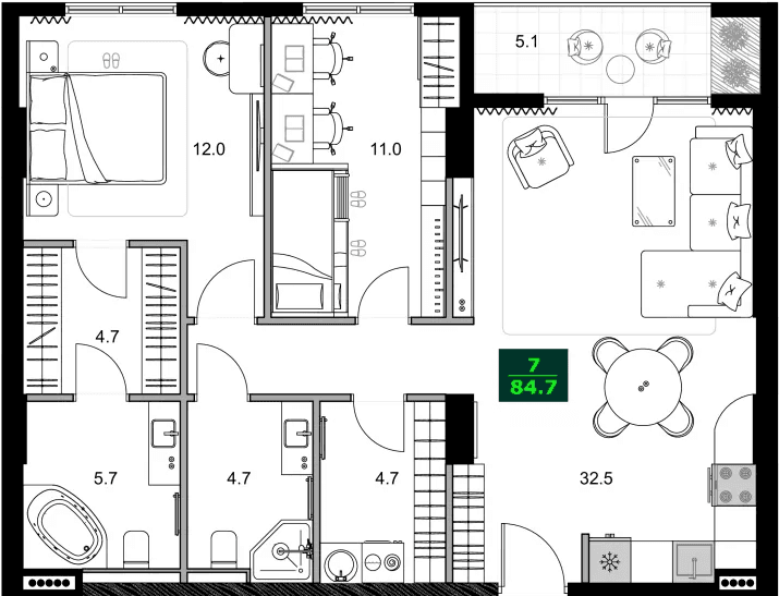 3-комнатная квартира, 84.7 м², 5 этаж в ЖК "SUMMER 365"