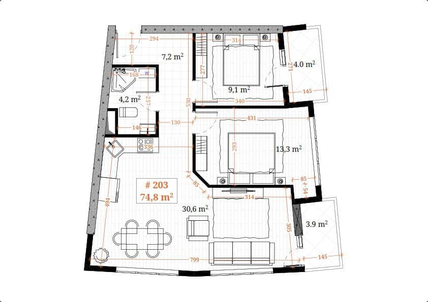 3-bedroom apartment, 74.8 m², 16 floor, White Sails in Batumi