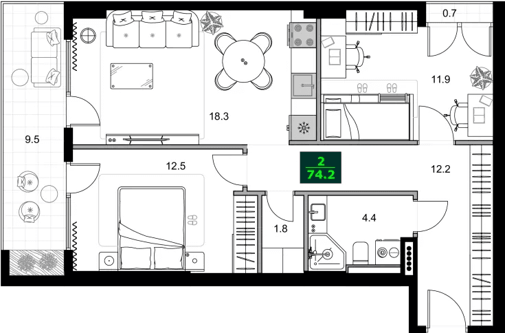 3-bedroom apartment, 74.2 m², 11 floor in "SUMMER 365"