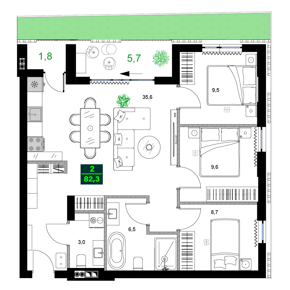 4-комнатная квартира, 82.3 м², 13 этаж в ЖК "SUMMER 365"