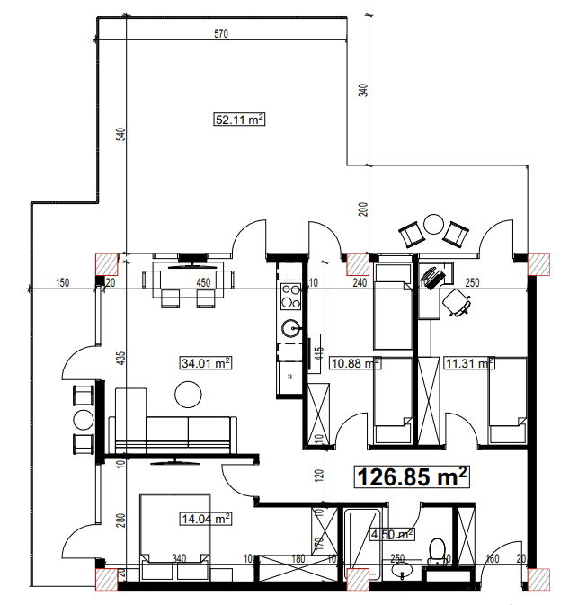 三居室公寓，126.85 m²，2 层，位于“Compact House”