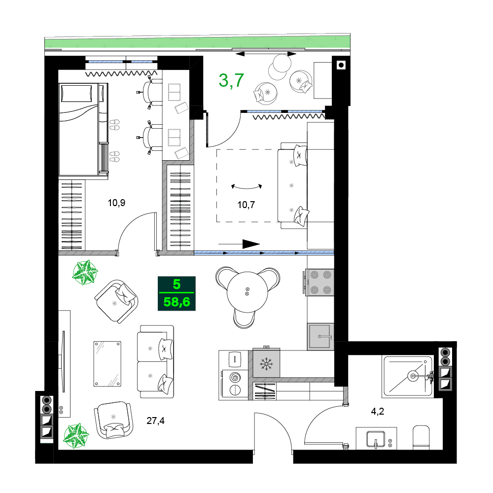 3-комнатная квартира, 58.6 м², 13 этаж в ЖК "SUMMER 365"