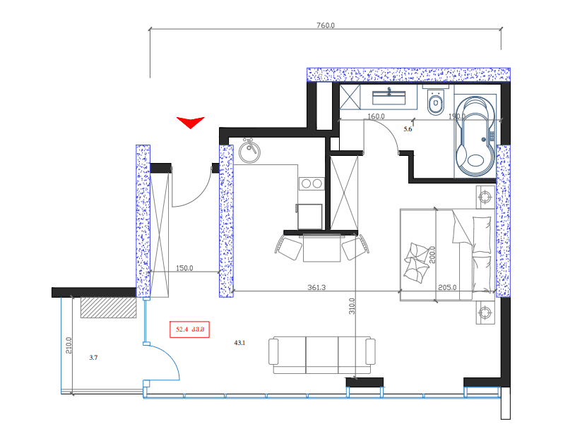 studio, 52.4 m², 7 floor in "Marina Club"